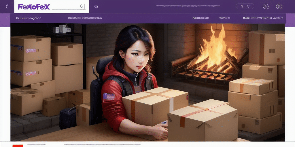 A woman in a red vest sits among cardboard boxes, using FedEx Ship Manager to finalize her setup while sealing one with tape. The cozy fireplace in the background adds warmth to this warehouse-like scene, where digital efficiency meets a traditional packing area.