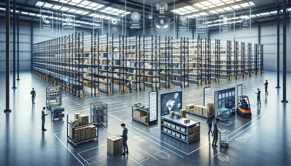 A futuristic warehouse with rows of tall shelves filled with boxes showcases the best practices in automation and advanced logistics. Digital interfaces hover, displaying data and analytics. People and forklifts move around in a well-lit environment, implementing an efficient bin storage system.