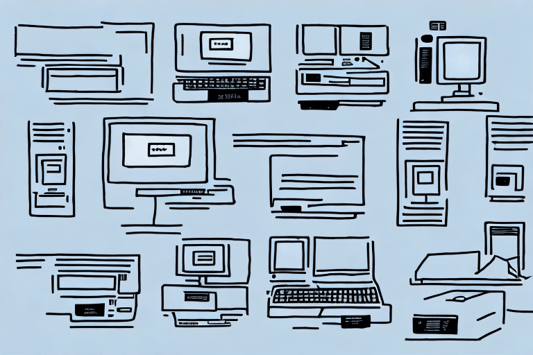 Illustration of various vintage computer models in a grid layout, featuring multiple computers outlined in black against a light blue background. The design showcases diverse eras, including monitors, keyboards, and disk drives, reminiscent of installing software like FedEx Ship Manager on classic systems.