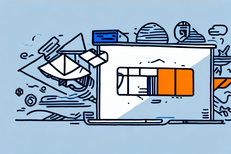 An illustration of a stylized building with geometric shapes and abstract elements, reminiscent of troubleshooting the complexities within FedEx Ship Manager, features a central structure with orange and blue accents. The background includes various lines and forms, creating a dynamic and modern composition.