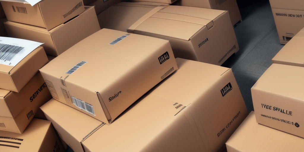 A stack of brown cardboard boxes with UPS WorldShip labels and tape scattered on the floor, some open while others are sealed. Varying slightly in size, these boxes capture a busy, cluttered shipping area. Learn how to save labels to file efficiently for future use.