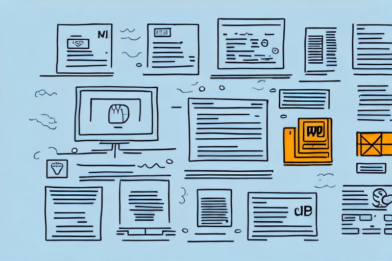 A light blue background adorned with black and orange hand-drawn icons and documents, including web pages, text files, graphics, and digital interface elements, symbolizes the concept of digital information organization akin to importing multiple packages efficiently.