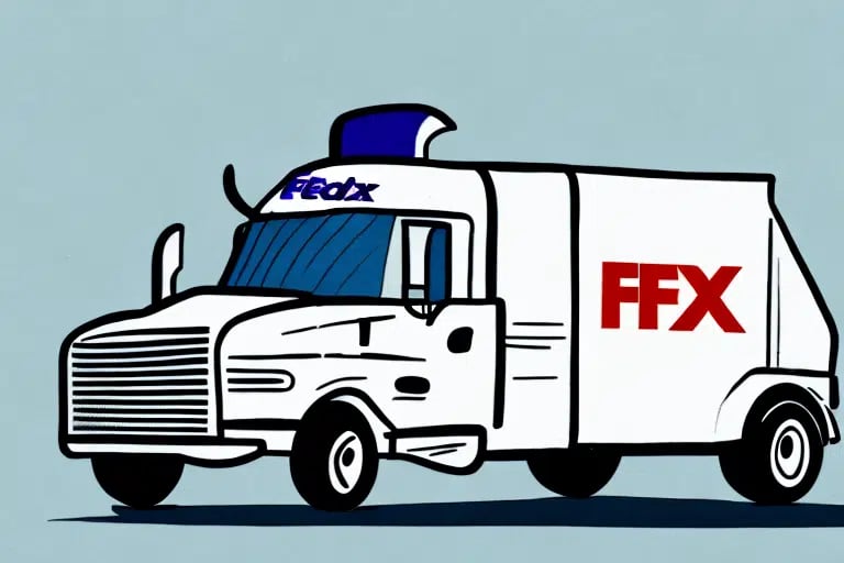 A cartoon delivery truck with FedEx scrawled on the windshield and FFX boldly displayed on the side zooms across a plain background. This whimsical, white vehicle is designed with exaggerated features, hinting at its efficiency—just dont forget about any Transportation Charge Correction Fee!.