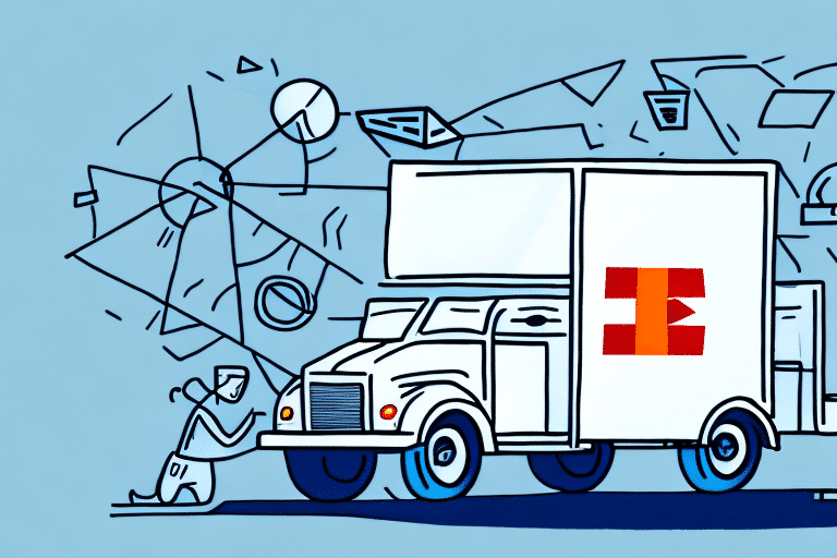 A delivery truck with an open cargo area is surrounded by abstract, blue-toned shapes and lines on a light blue background. In front, a person using FedEx Ship Manager checks a laptop resting on a box. The truck features a rectangle with red bars on its side.