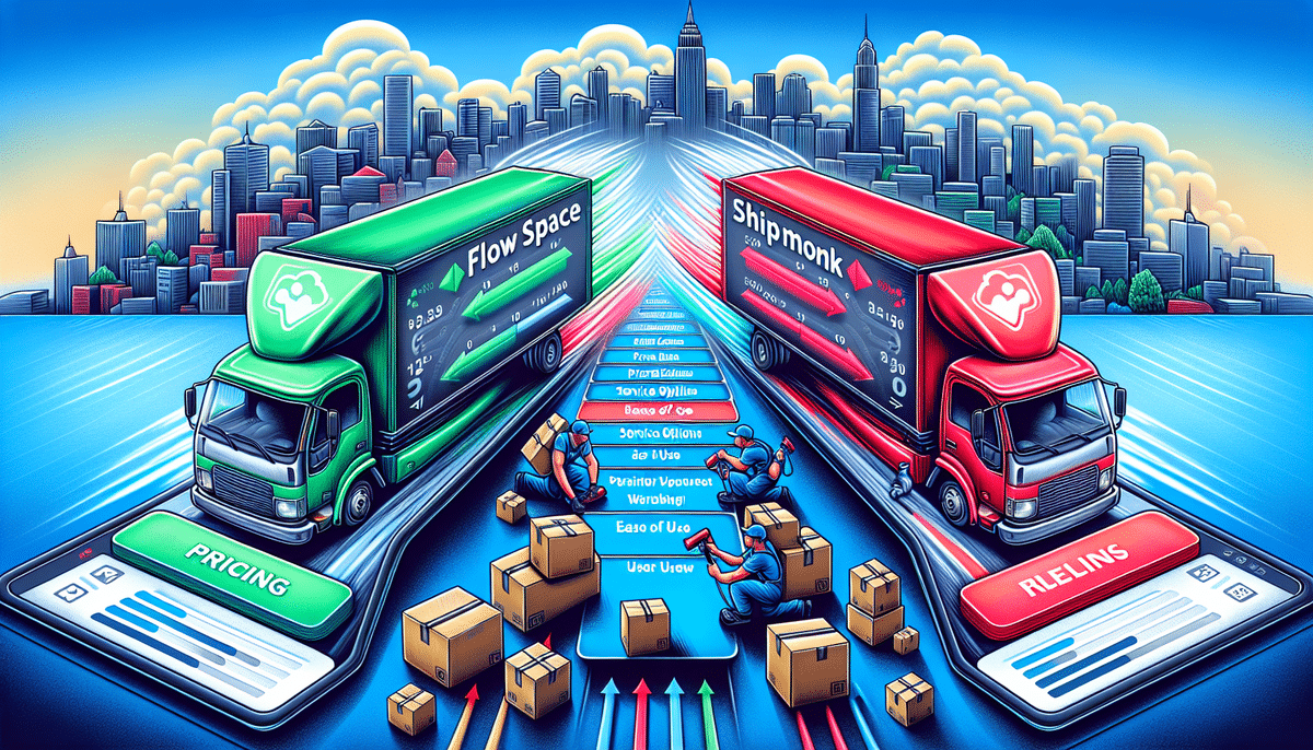Colorful illustration of two trucks on parallel roads labeled Flowspace and ShipMonk, with arrows and lists indicating a comparison. People stack boxes in the foreground, while a towering cityscape and cloud graphics suggest competitive analysis between Flowspace and ShipMonk.