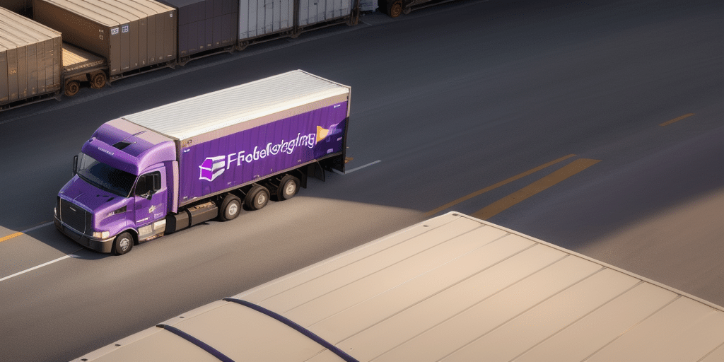 A purple truck with Freight on its side drives next to shipping containers, captured from above, showcasing the seamless integration of transport in the bustling industrial scene.