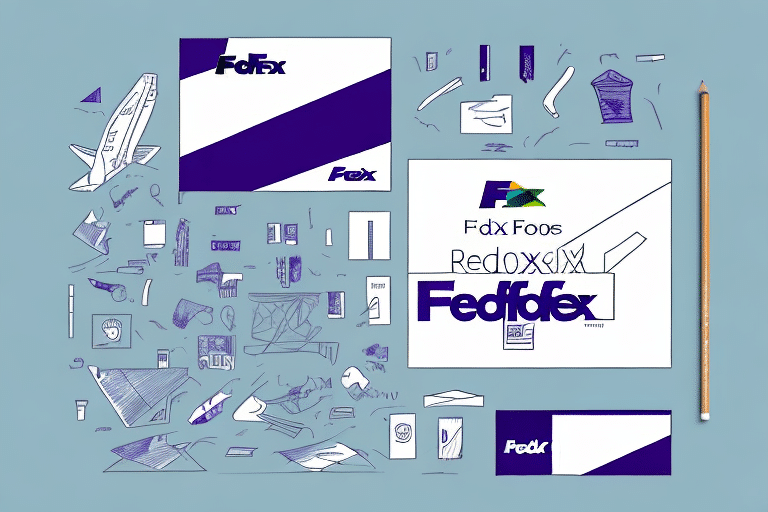 A collection of FedEx-themed doodles, featuring logos, planes, and geometric shapes scattered around stationery items like an envelope and a pencil on a light blue background. Add letterhead elements for a cohesive look reminiscent of the FedEx Ship Manager interface.