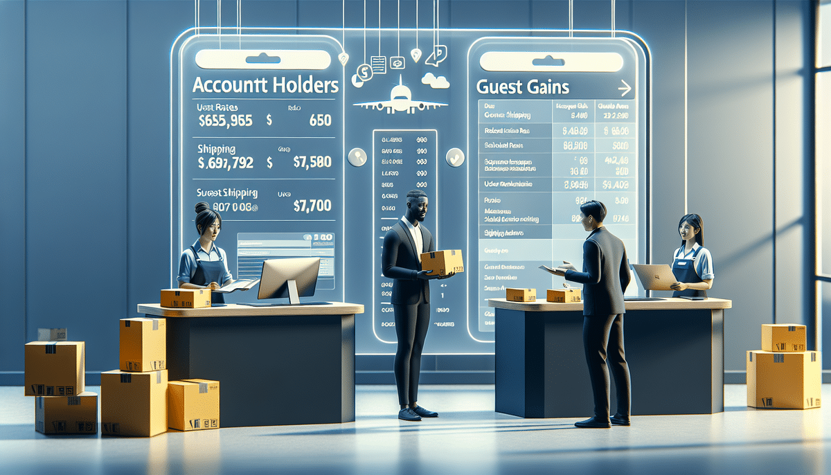 In a futuristic office scene, three people engage near digital screens displaying financial data. The space is filled with packages and a digital interface, hinting at a focus on shipping transactions and UPS Shipping Rates.