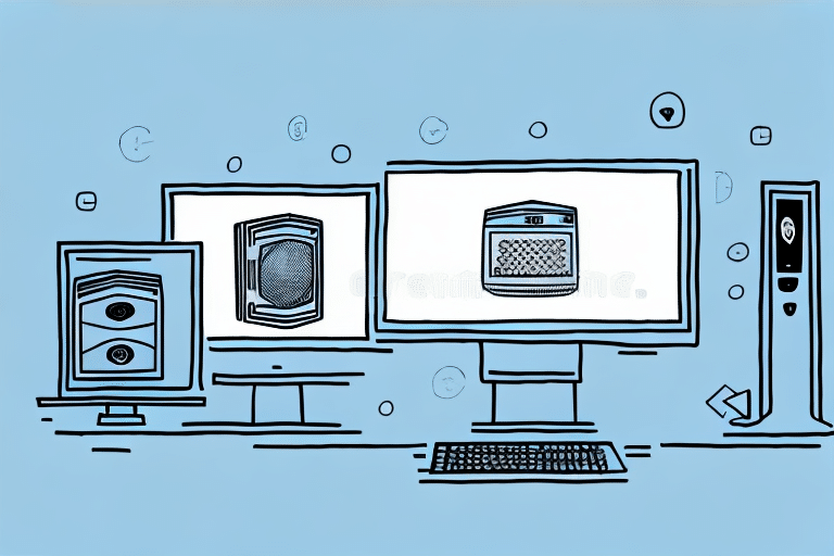 Three computer monitors display abstract designs of servers and technology, with a keyboard in front and tech-themed icons scattered around on a blue background. The scene feels like a digital landscape ready to run smoothly, akin to setting up UPS Worldship for efficient operations.