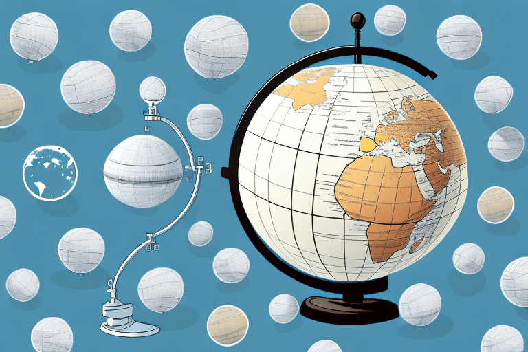 An illustration of a large globe on a stand with continents in brown and oceans in white, reminiscent of the global reach symbolized by UPS WorldShip. Numerous smaller spheres with similar designs surround it, while a smaller globe is connected by an arched arm. The background is blue.