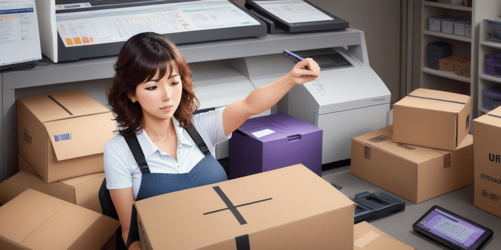 A woman wearing a white shirt and blue apron is sitting at a table surrounded by cardboard boxes. She is marking one of the boxes with a pen while using FedEx Ship Manager on a tablet. Nearby, printers hint at an organized packaging and shipping environment.