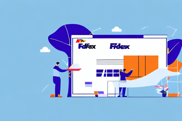 An illustrated scene features a FedEx office with two stylized figures managing packages. The building shows the iconic FedEx logo, and trees stand against a clear blue sky. Inside, theres a glimpse of the FedEx Ship Manager in action, ensuring smooth operations.