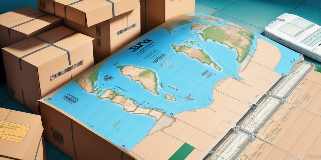 A world map crafted to resemble stacked cardboard boxes, mimicking a delivery package. This design integrates with a Location theme, featuring continents and oceans alongside sealed boxes and a small van, suggesting global shipping akin to UPS WorldShip Database logistics.