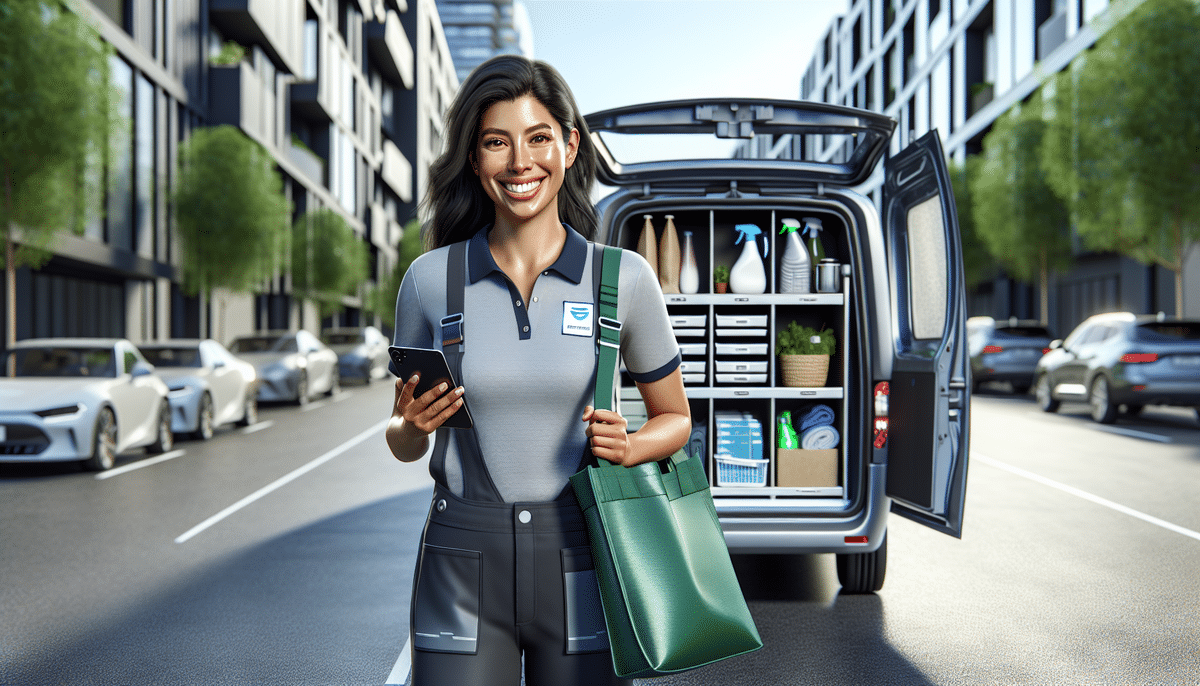 A smiling woman in a uniform stands in front of an open service van on a city street, utilizing her smartphone while holding a green bag. The vans shelves are stocked with cleaning supplies, ready for Pick-Up and Drop-Off Services. Modern buildings line the background, highlighting the benefits of urban convenience.