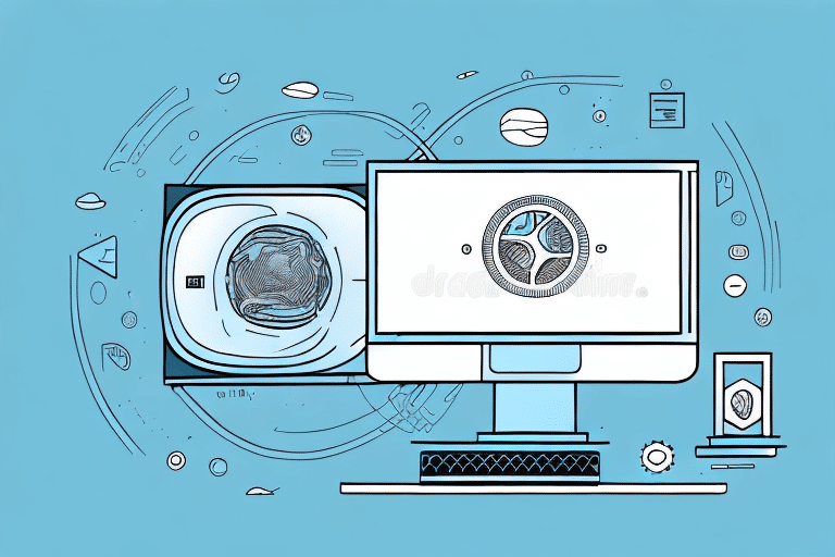 A stylized illustration of a computer monitor showcasing a circular scientific diagram, surrounded by abstract icons and symbols, hints at the installation process. The blue background and electronic components enhance the technology theme, reminiscent of tools like UPS Worldship.