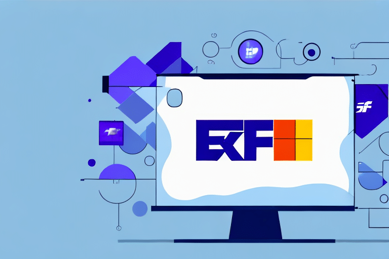 A computer screen displays a logo with the letters ExF in blue, accompanied by an orange square on a white background. The surrounding area features abstract geometric shapes in various shades of blue, resembling elements found in FedEx Ship Managers interface.