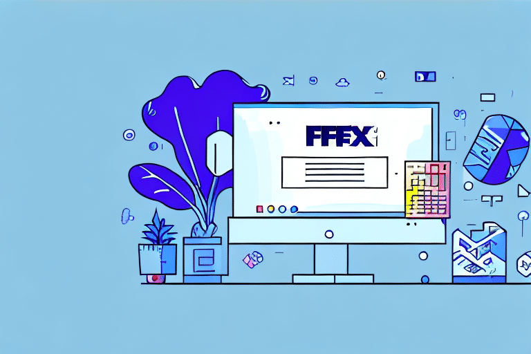 This illustration features a desktop computer with FFFX on the screen, set in a modern office. The scene is enriched with potted plants, a large abstract shape, and geometric icons in hues of blue and purple, reminiscent of a Mac OS environment.