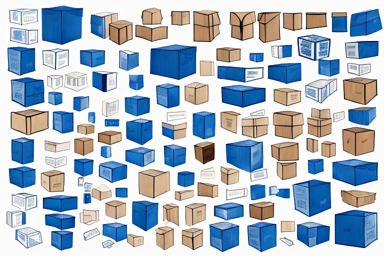 Illustration of various blue and brown cardboard boxes of different sizes scattered randomly on a white background. The boxes, simplified in a minimalist style, reflect diverse box sizes akin to those considered for UPS shipping rates.