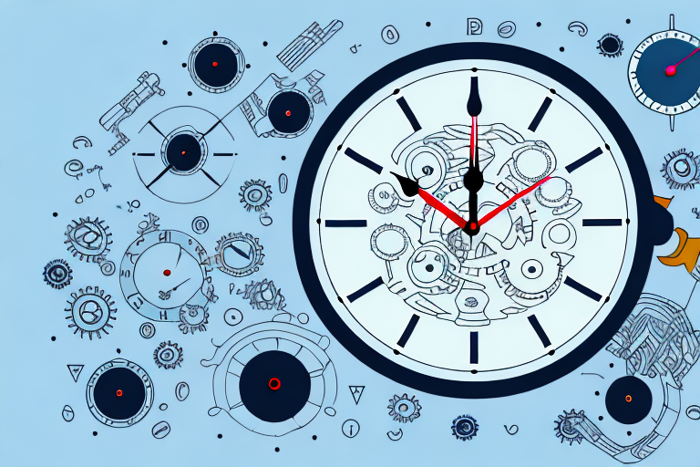 An intricate illustration of a clock with visible gears and mechanical parts. Dont miss out on the drawing, which features multiple clock faces of varying sizes on a blue background, showcasing interconnected cogs and clock hands in motion.