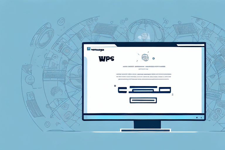 Illustration of a computer monitor displaying a webpage with the letters WPS and a text block. The background features various office and tech-related icons, including a globe, UPS Worldship logo, and books, all arranged in a circular pattern for an integrated feel.