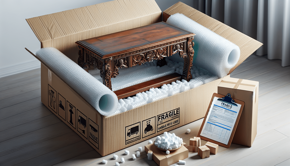 A wooden table with intricate carvings is securely packed in a shipping box according to UPS Shipping Guidelines, surrounded by padding. Nearby, a clipboard with paperwork and small boxed collectibles await dispatch. The box is labeled FRAGILE.