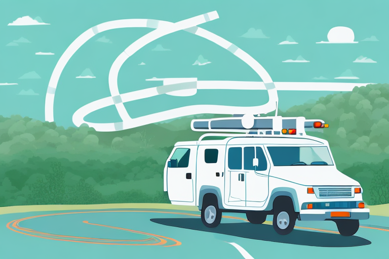 A white van equipped with a roof-mounted camera system embarks on an exploring journey along a winding road. White trails in the sky hint at an aerial show, while green trees and scattered clouds frame the scene, offering benefits like breathtaking views.