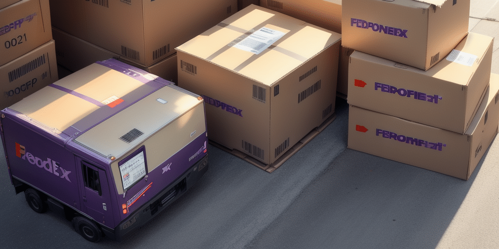 A small FedEx delivery vehicle, using FedEx Ship Manager, navigates between large cardboard boxes with shipping labels stacked in a warehouse or shipping area. Sunlight casts shadows, highlighting the prominent FedEx branding on the vehicle as it prepares for end-of-day reports.