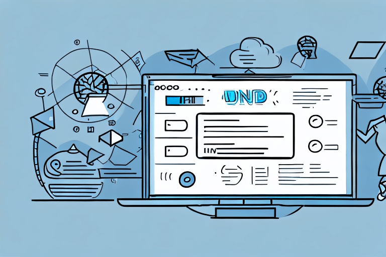 Illustration of a computer screen generating a digital dashboard with charts, graphs, and icons. Surrounding elements include envelopes, a globe, and cloud symbols, evoking UPS Worldship connectivity and data management for an efficient end-of-day report.