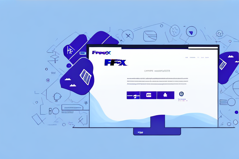 A computer monitor displaying a website with a blue and white interface, seamlessly integrating FedEx Ship Manager tools. Digital icons for data, settings, and communication surround it. The light blue background enhances the modern tech and innovation theme.