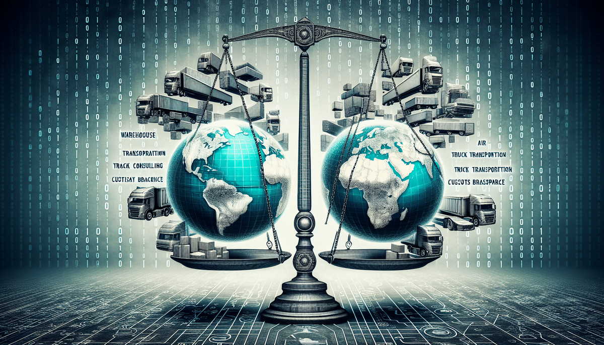 A digital illustration features a balanced scale with two globes, enveloped by trucks and shipping containers. The backdrop of binary code hints at logistics concepts, epitomizing a seamless logistics comparison akin to DCL Logistics or Flexports innovative solutions.