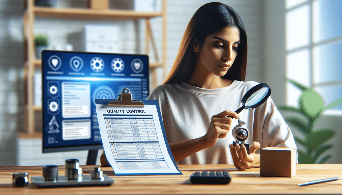 A woman inspects a small device with a magnifying glass at her desk, ensuring product quality. A clipboard labeled Quality Control and several objects are on the table, while a computer screen displays technical diagrams in the background. Compliance is crucial in overcoming e-commerce challenges.