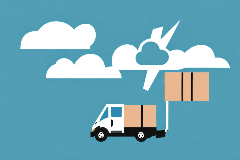 Illustration of a delivery truck with boxes driving on a road beneath a blue sky with white clouds. One cloud has an arrow pointing upward, symbolizing cloud storage or online services, reminiscent of UPS WorldShip technology linking ground and digital landscapes.