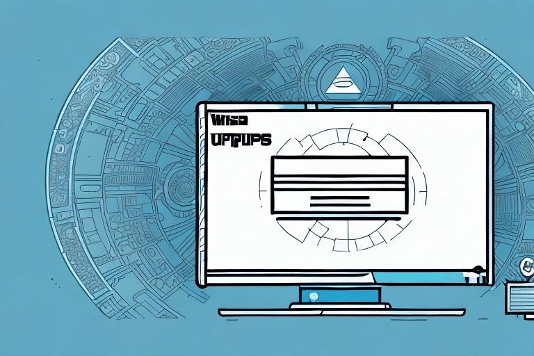 A computer screen displays upgraded digital blueprints, featuring a circular, futuristic design with complex patterns. The background is light blue, and a small control panel is visible to the right of the screen, echoing the interface of UPS Worldship.