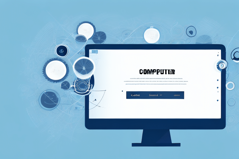 A blue-toned digital illustration features a computer monitor displaying Computer. Abstract geometric shapes and translucent circles surround the screen, infusing it with a dynamic, futuristic vibe reminiscent of UPS WorldShips seamless export database integration.