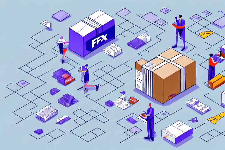 Illustration of people organizing and moving various packages, boxes, and parcels. Some are carrying items, while others are inspecting or stacking them. The background features interconnected grid lines, suggesting a logistics or supply chain theme—perfect for understanding FedExs Multi-Weight Shipment process.