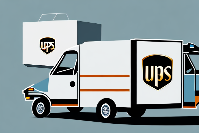 Illustration of a UPS delivery vehicle with a rectangular package beside it. The vehicle, driven by a dedicated UPS delivery driver, and the package both display the UPS logo, set against a plain blue background.