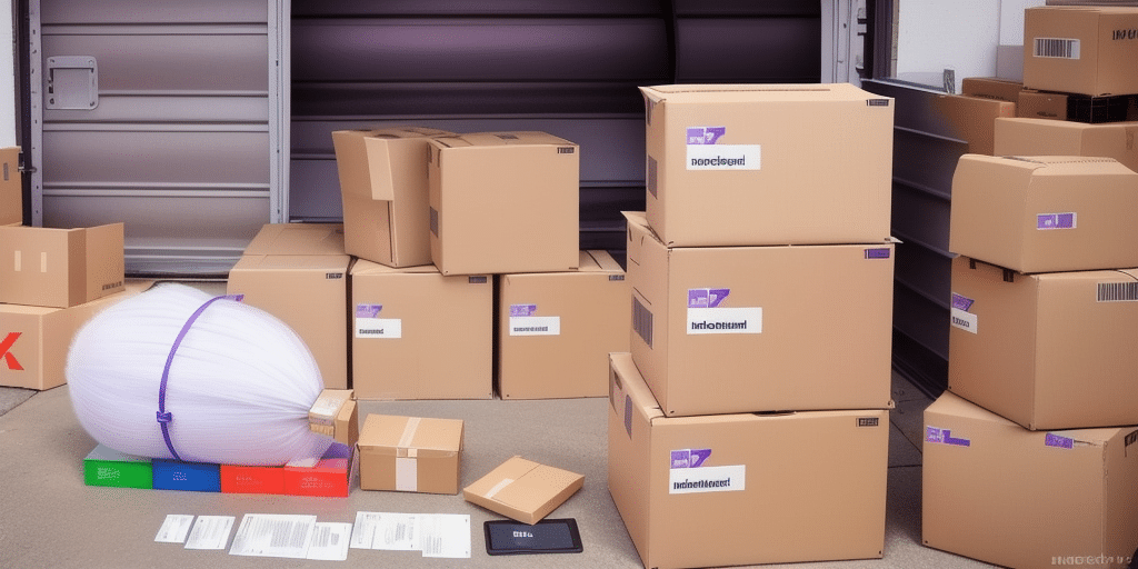 A collection of labeled cardboard boxes and documents is arranged in front of an open garage door. A colorful, artistic object resembling a large, abstract light bulb sits amid the boxes, as if part of a FedEx Ship Manager Software update process.