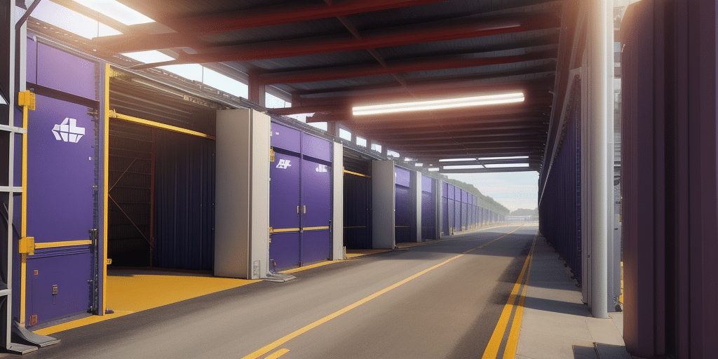 A modern warehouse interior features open shipping container doors on the left, each marked with a white ship icon. The road inside has yellow lines extending towards a bright exterior, much like navigating through FedEx Ship Manager. A partially sunlit metal roof gleams overhead.