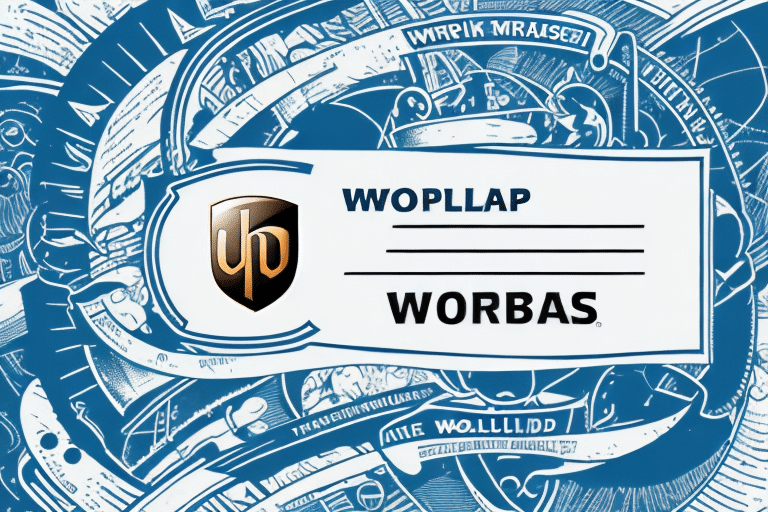 A badge with an intricate design, featuring a shield emblazoned with Wopllap and Worbas. The background resembles a complex pattern of geometric shapes and abstract symbols in blue and white tones, reminiscent of UPS Worldship Labels in its precision.
