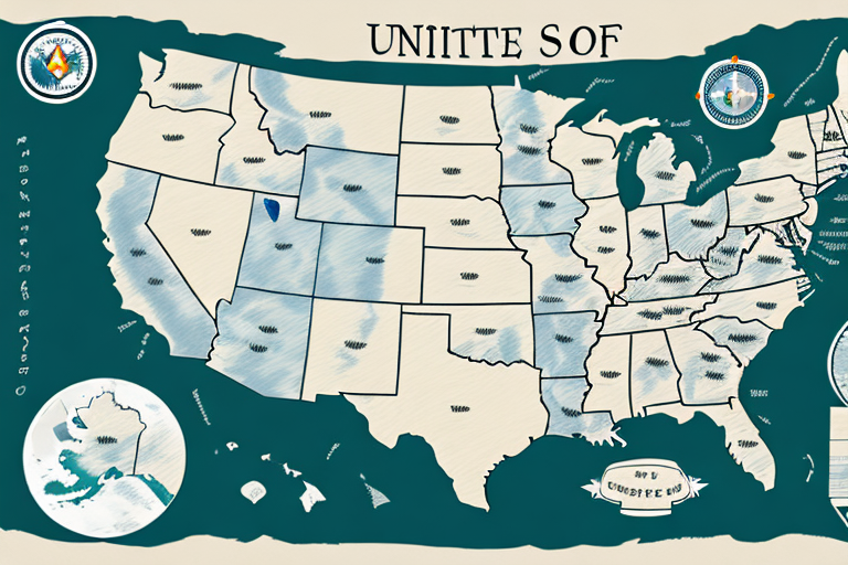 Map of the United States labeled UNIITTE SOF with state boundaries. Each state is filled with a pale color except for one blue state, perhaps to illustrate UPS Zones affecting shipping costs. Circles with emblems are placed on corners, and Alaska and Hawaii appear in insets.