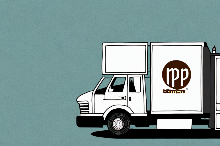 An illustration features a delivery truck adorned with a coffee cup logo and the text rpp bmm, parked against a plain teal background. The scene subtly hints at the theme of shipping rates, reminiscent of reliable services like UPS amidst bustling streets in Myanmar.