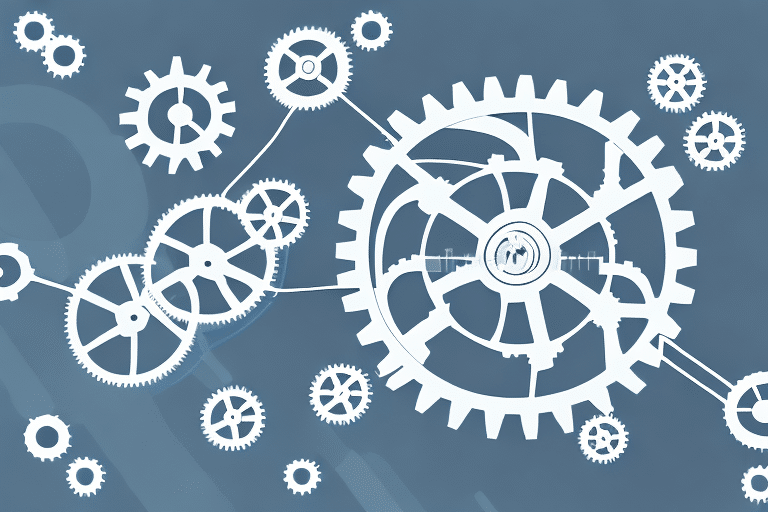Illustration of interconnected white gears of various sizes on a blue background, symbolizing teamwork and mechanical processes. The complex pattern suggests motion and collaboration, akin to the seamless integration seen in successful use of analytics for driving innovation.