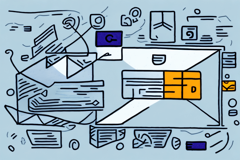 Abstract illustration featuring various envelopes, letters, and digital icons scattered around a large open envelope evokes the essence of using FedEx Ship Manager. The color scheme includes blues, oranges, and whites, symbolizing digital communication and how to charge to a different account efficiently.