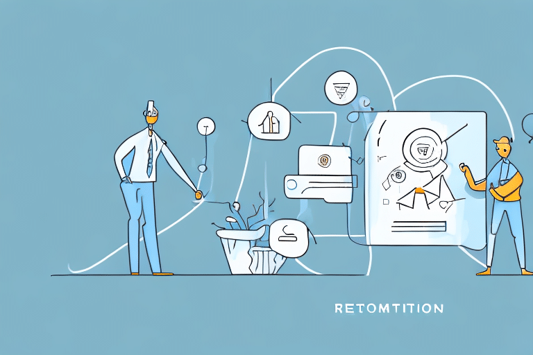 An abstract illustration shows two people analyzing a large screen with interconnected icons and lines, depicting technology and communication. A plant and various digital symbols surround them, crafting insights on customer retention strategies.