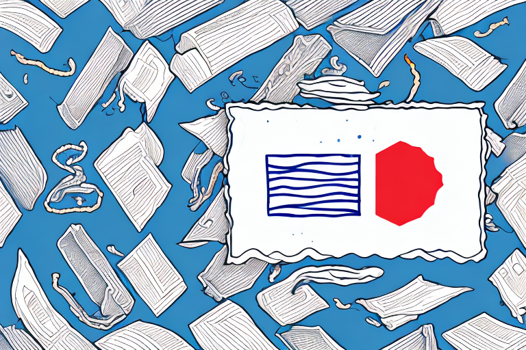 Illustration depicting scattered sheets of paper, reminiscent of Cap-Haitiens vibrant artistry, with a central piece featuring two abstract shapes: a blue wavy rectangle and a red octagon. The background is a solid blue, evoking the serene seas surrounding Haiti.