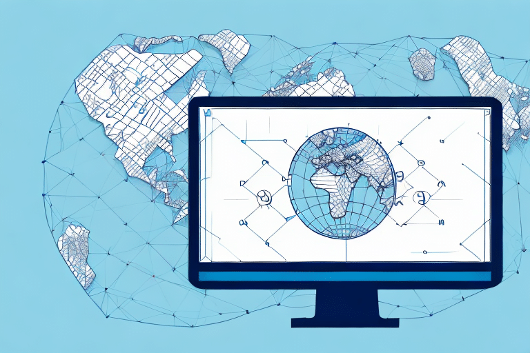 A computer monitor displays a digital globe with connecting lines and nodes, set against a blue background featuring an abstract map view made of similar lines and nodes, suggesting global connectivity and digital networks.