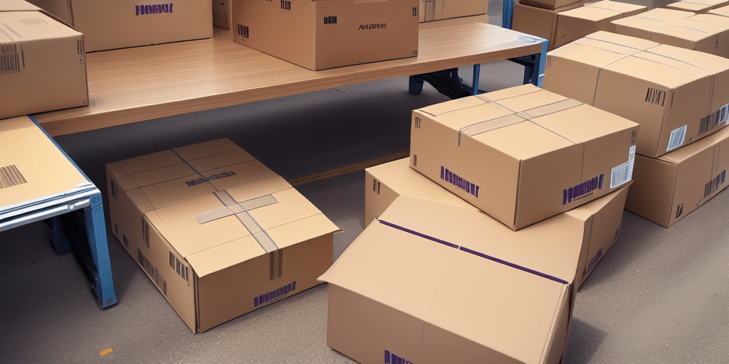 Stacks of cardboard boxes on and around a wooden table, some neatly arranged while others are slightly askew. The boxes, sealed with tape, seem ready for shipping via FedEx Ship Manager or storage. The surroundings suggest a warehouse or storage area.