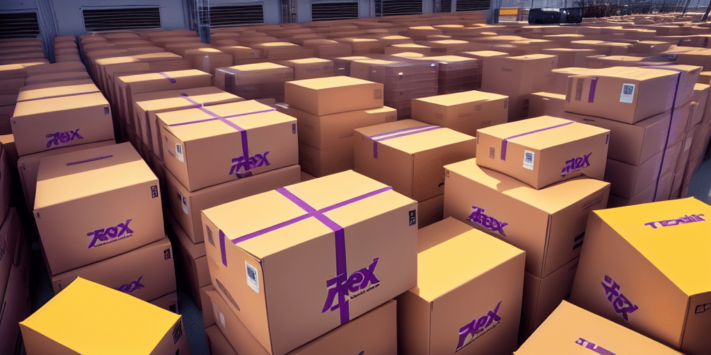 Stacks of brown cardboard boxes with purple tape and logos, organized in a large warehouse, are managed using the FedEx Ship Manager Server. The area is filled with rows of these neatly stacked boxes, suggesting a high volume of inventory ready for distribution or storage before the support end date.