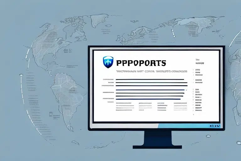 A digital illustration of a computer monitor displaying a website titled Pppoports with lines of text and a View Shipment Report option. The screen is set against a background featuring a world map in light blue tones.