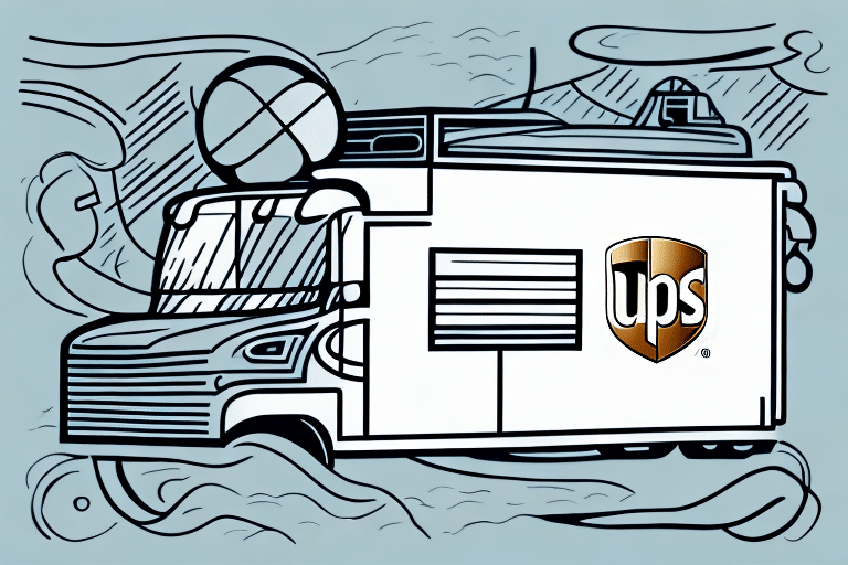 Illustration of a stylized UPS truck with the company logo, showcasing UPS Worldship. The trucks geometric design of lines and curves navigates a wavy path. Abstract shapes in the background enhance the dynamic feel of this transport-themed image.